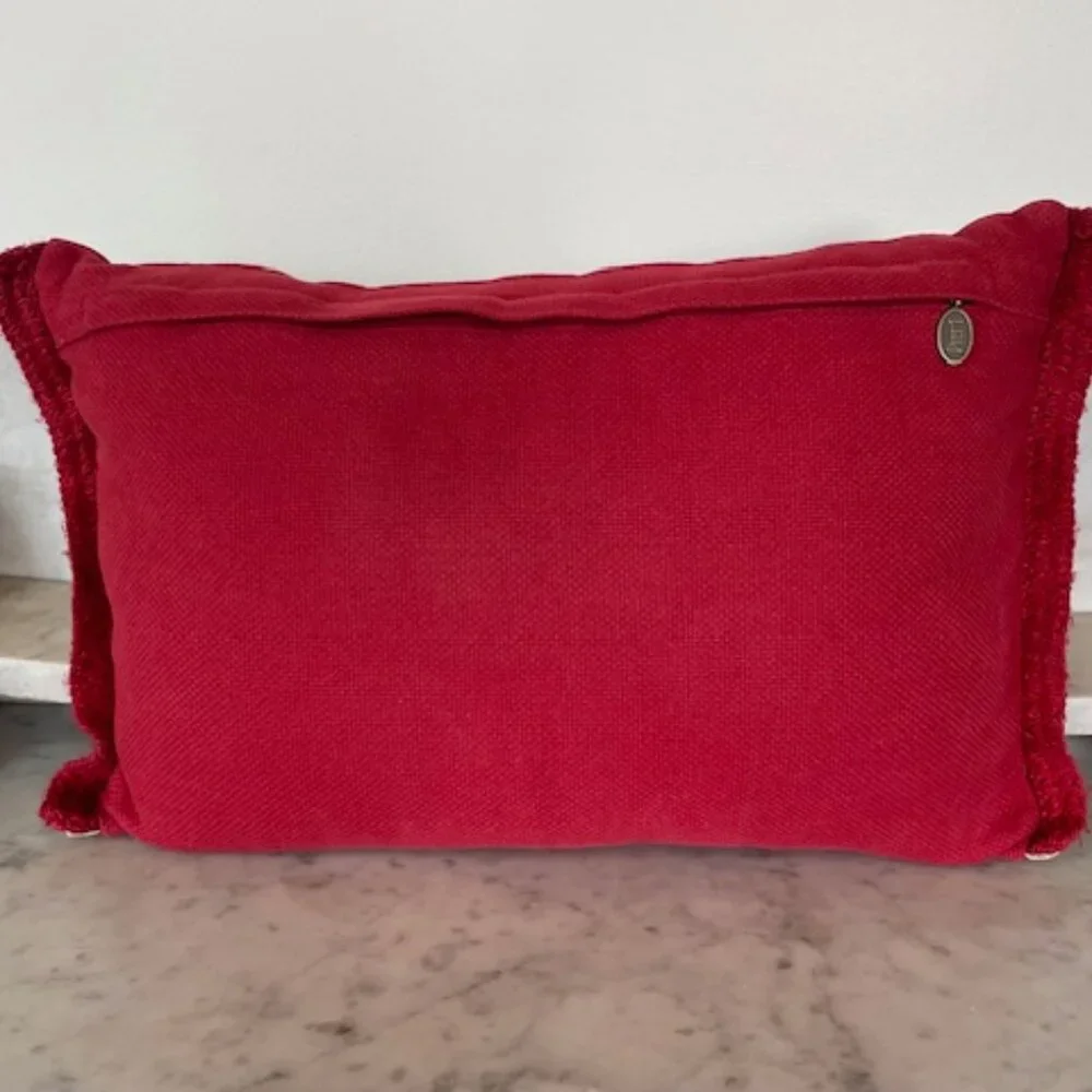PIER 1 Reindeer Antler Wreath Applique Fringe Lumbar Pillow Red Rectangle